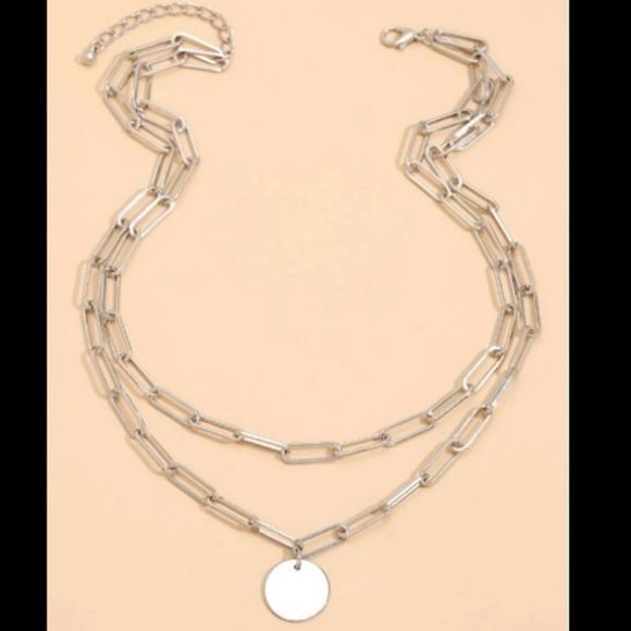 Paperclip Chain Link Coin Pendant Silver Necklace - Picture 2 of 3